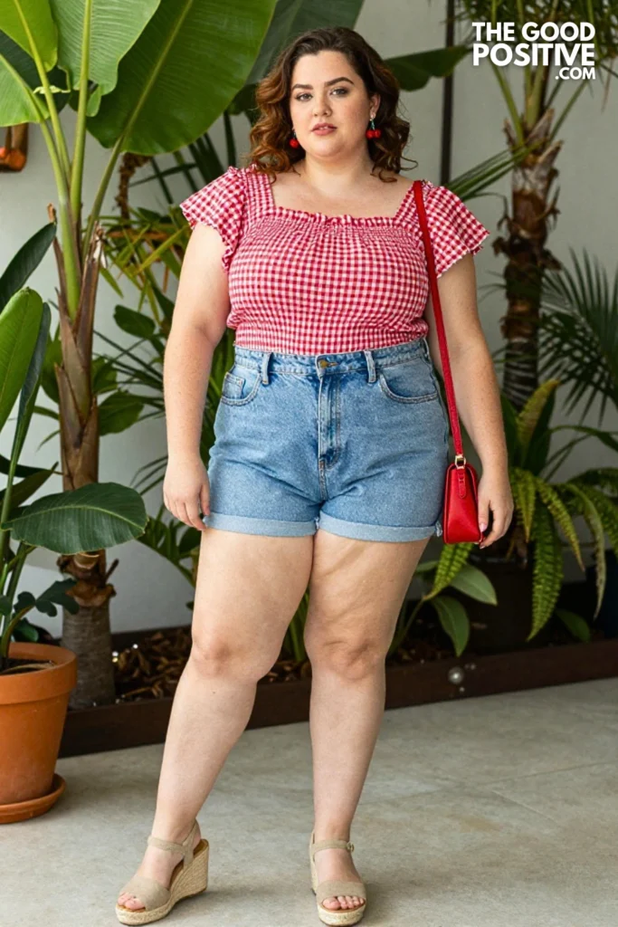 Plus Size Light Wash Denim Shorts With Red Gingham Smocked Top Outfit