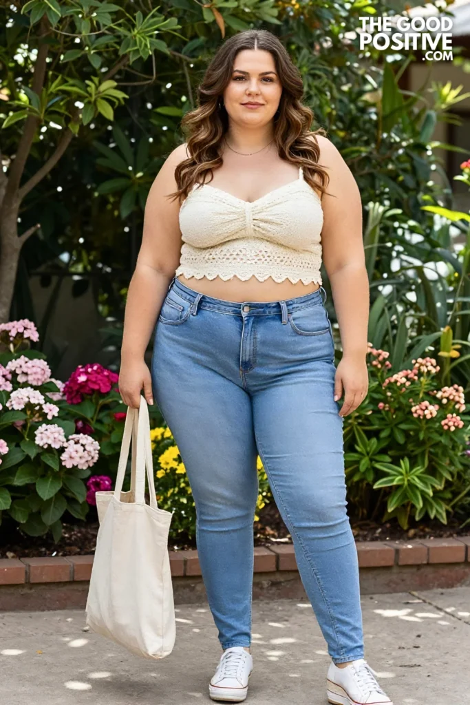Plus Size Light Wash Skinny Jeans With Crochet Top and Wedge Sneakers Outfit