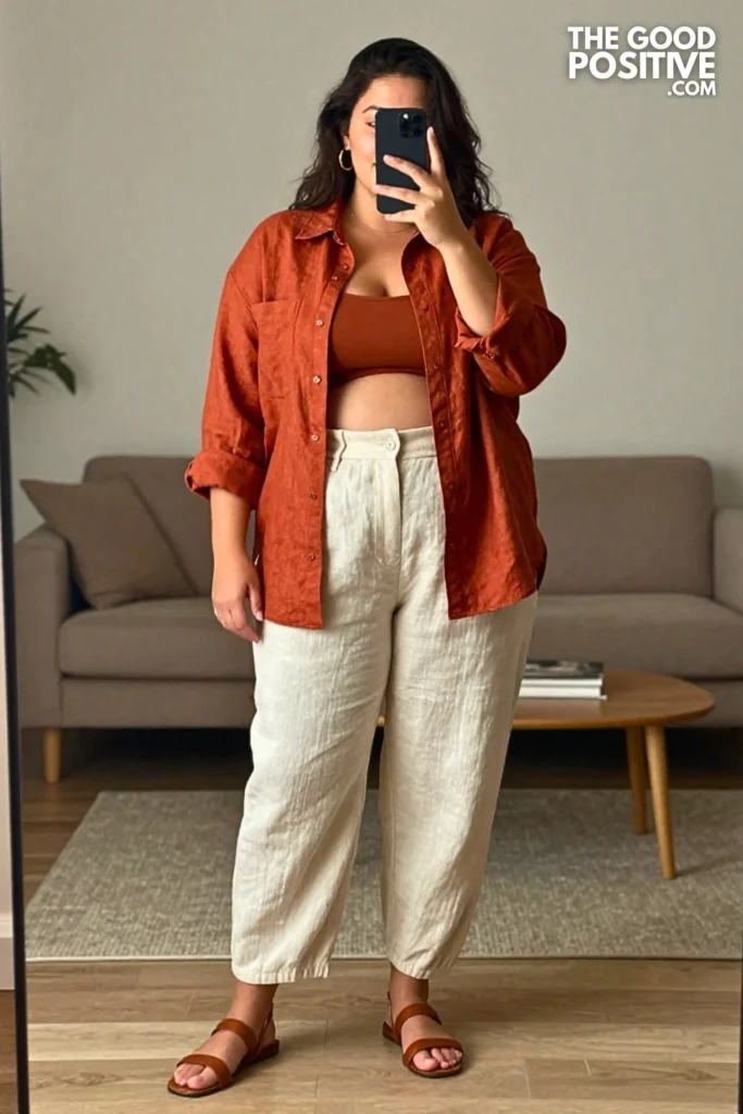Plus Size Linen Barrel-Leg Pants With Oversized Linen Shirt Outfit