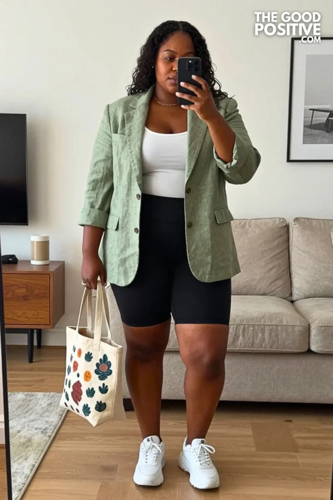 Plus Size Linen Blazer With Biker Shorts And Graphic Tank Outfit