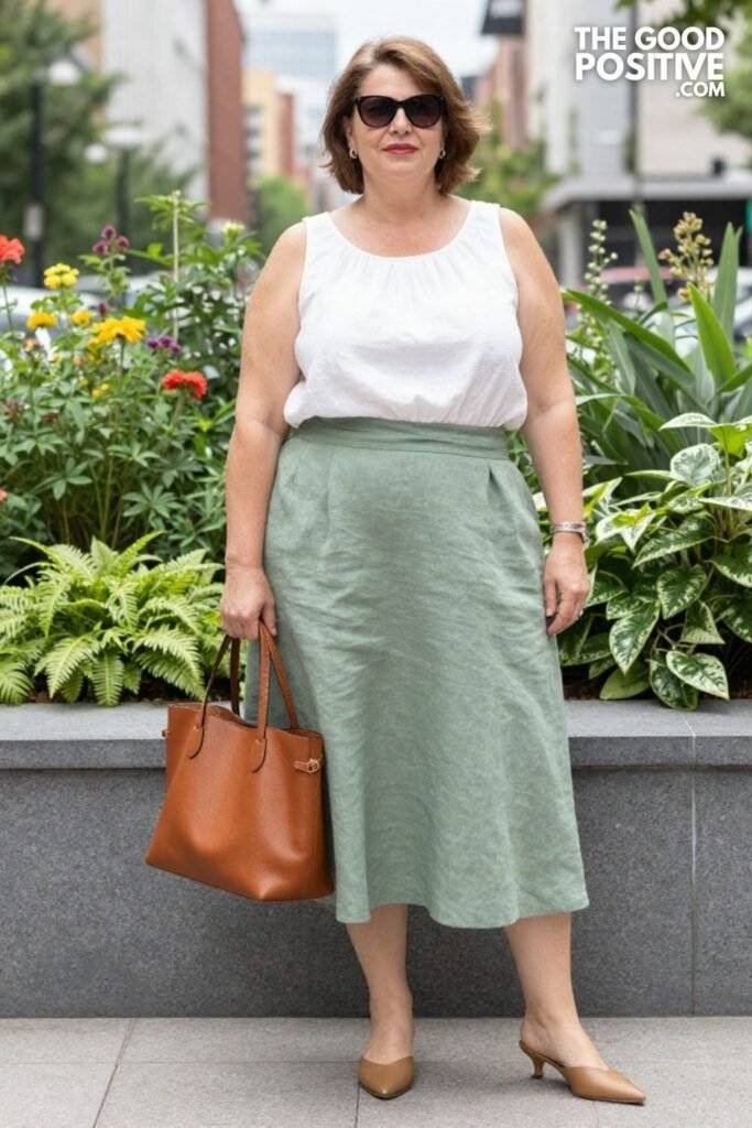 Plus Size Linen Button-Front A-Line Midi Skirt With Sleeveless Linen Blouse Office-Friendly Summer Outfit