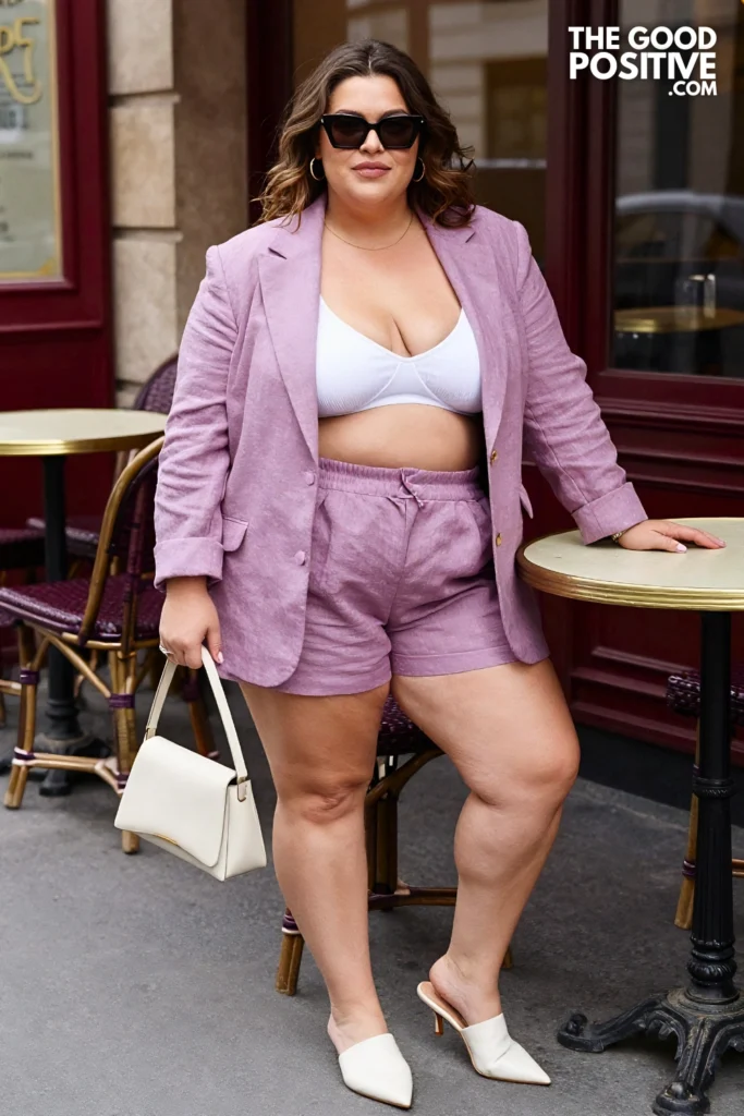 Plus Size Linen Co-Ord Set (Shorts & Blazer) With Bralette Outfit