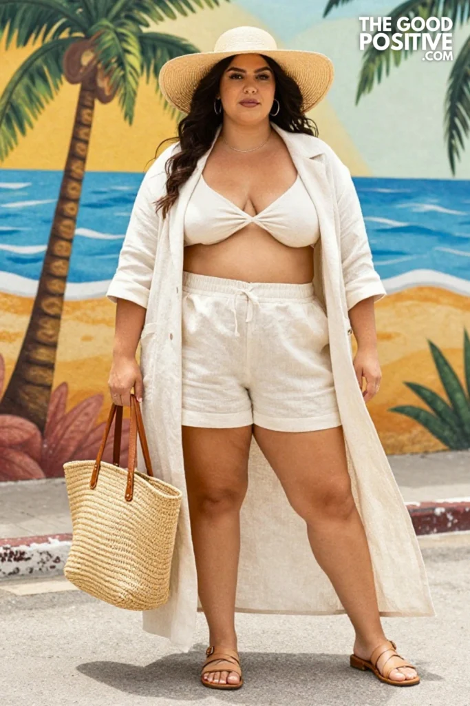 Plus Size Linen Co-Ord Shorts Set With Longline Blazer Beach Resort Outfit