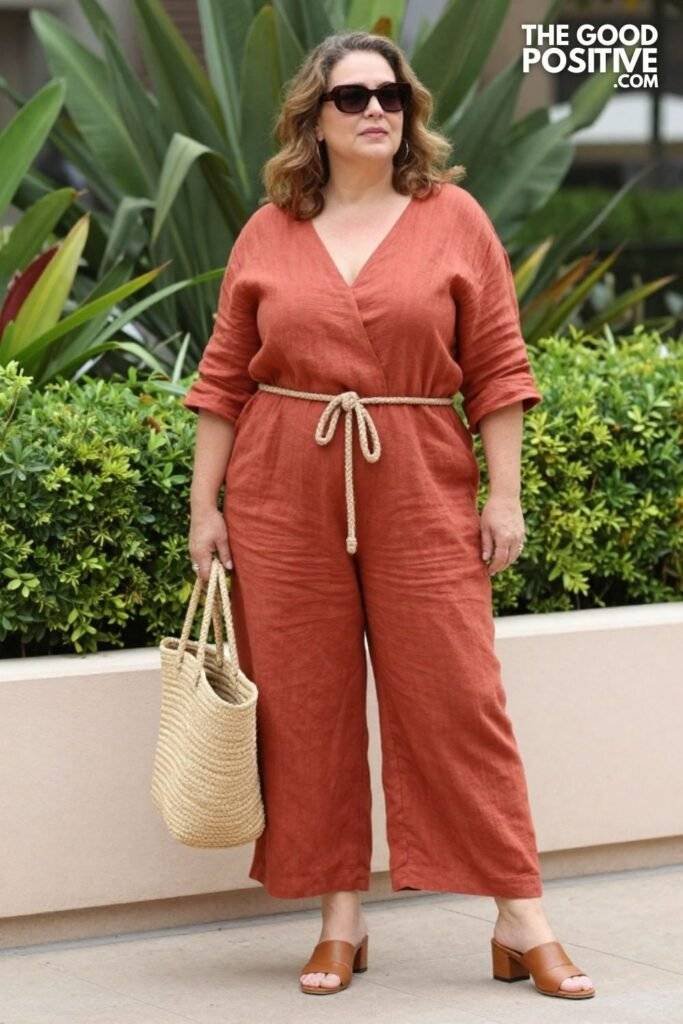 Plus Size Linen Wide-Leg Jumpsuit With Rope Belt Casual Daytime Outfit