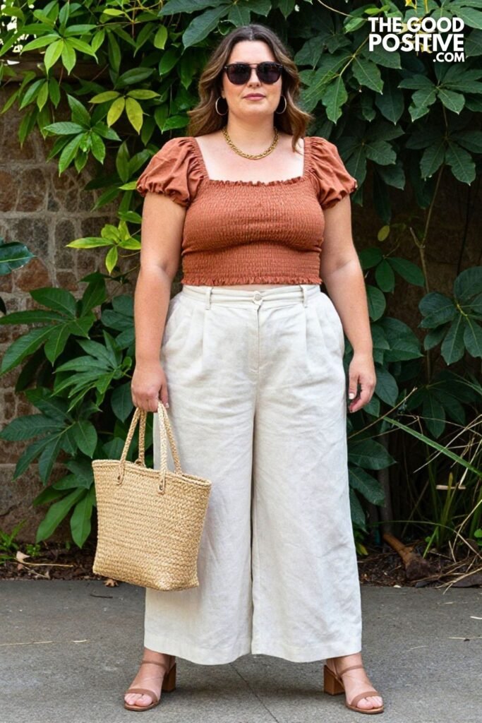 Plus Size Linen Wide-Leg Trouser & Smocked Crop Top Vacation Outfit
