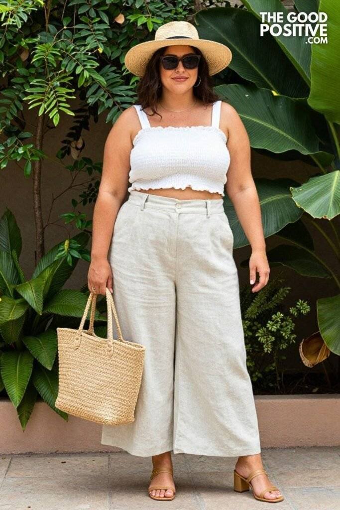 Plus Size Linen Wide-Leg Trouser and Sleeveless Smocked Crop Top Outfit