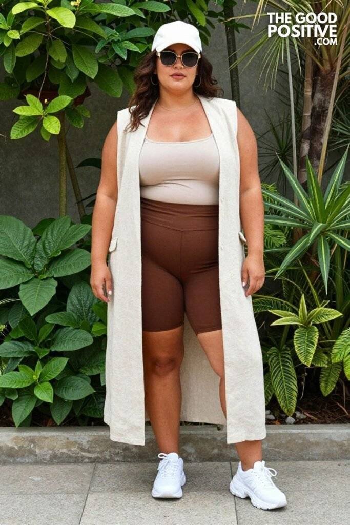 Plus Size Longline Linen Vest and Biker Shorts Outfit
