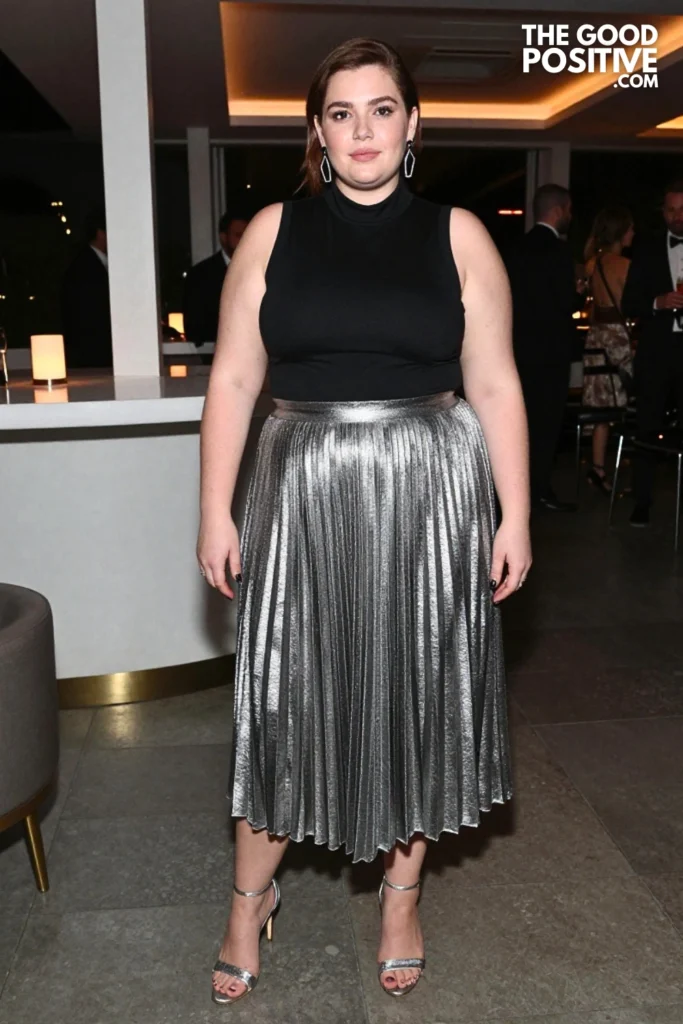 Plus Size Metallic Pleated Midi Skirt With Fitted Turtleneck Sleeveless Top Outfit
