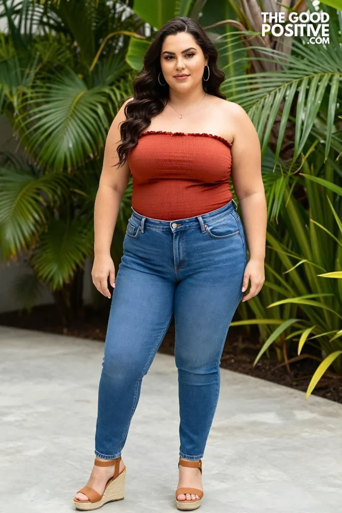 Plus Size Mom Jeans With Smocked Tube Top and Espadrille Wedges Outfit
