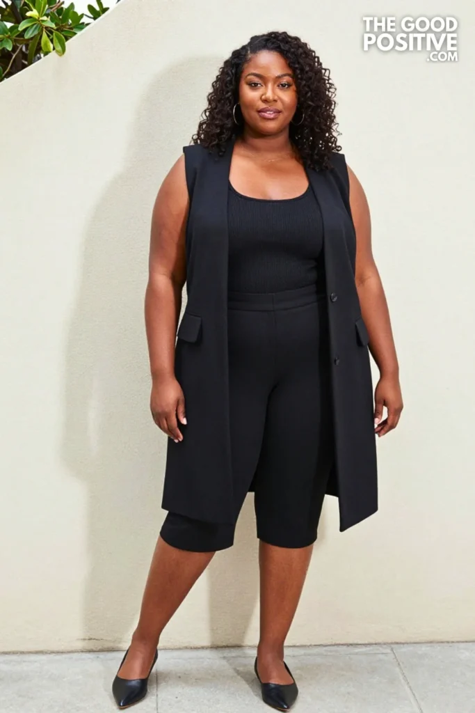 Plus Size Monochrome Black Knit Tank & High-Waist Pleated Culottes with Longline Vest Outfit