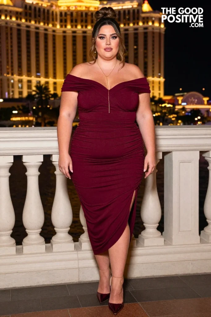 Plus Size Off-Shoulder Ruched Midi Dress With Thigh Slit Outfit