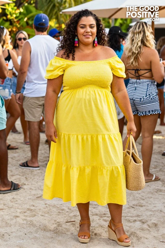 Plus Size Off-Shoulder Smocked Bodice Tiered Dress Outfit