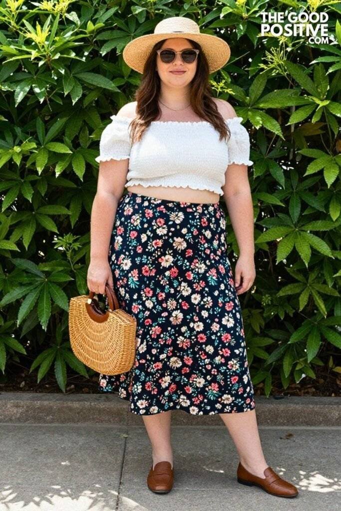 Plus Size Off-Shoulder Smocked Crop Top and Printed Midi Skirt Outfit