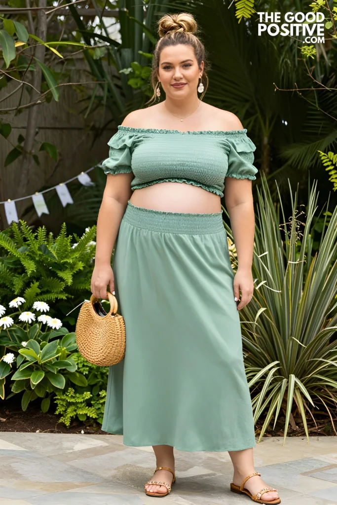 Plus Size Off-Shoulder Smocked Maxi Skirt Co-Ord Set Outfit