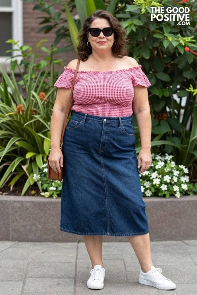 Plus Size Off-Shoulder Smocked Top With High-Waist Denim Midi Skirt Everyday Casual Outfit
