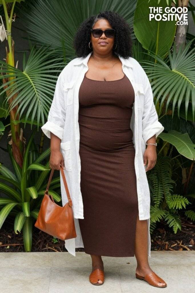 Plus Size Ottoman Ribbed Tube Maxi Skirt With Oversized Linen Shirt Effortless Chic Outfit