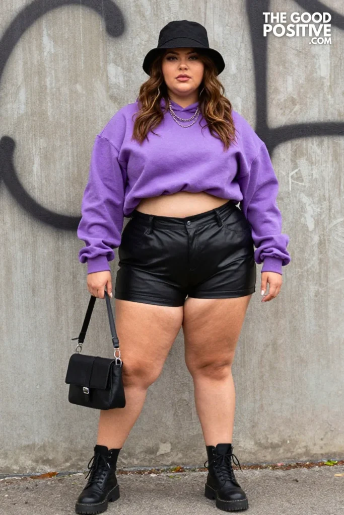 Plus Size Oversized Hoodie & Leather Shorts Summer Streetwear Outfit