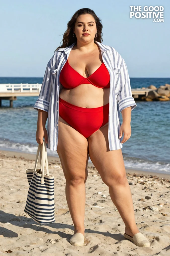Plus Size Oversized Striped Linen Shirt & High-Waist Swim Bikini Bottom Outfit