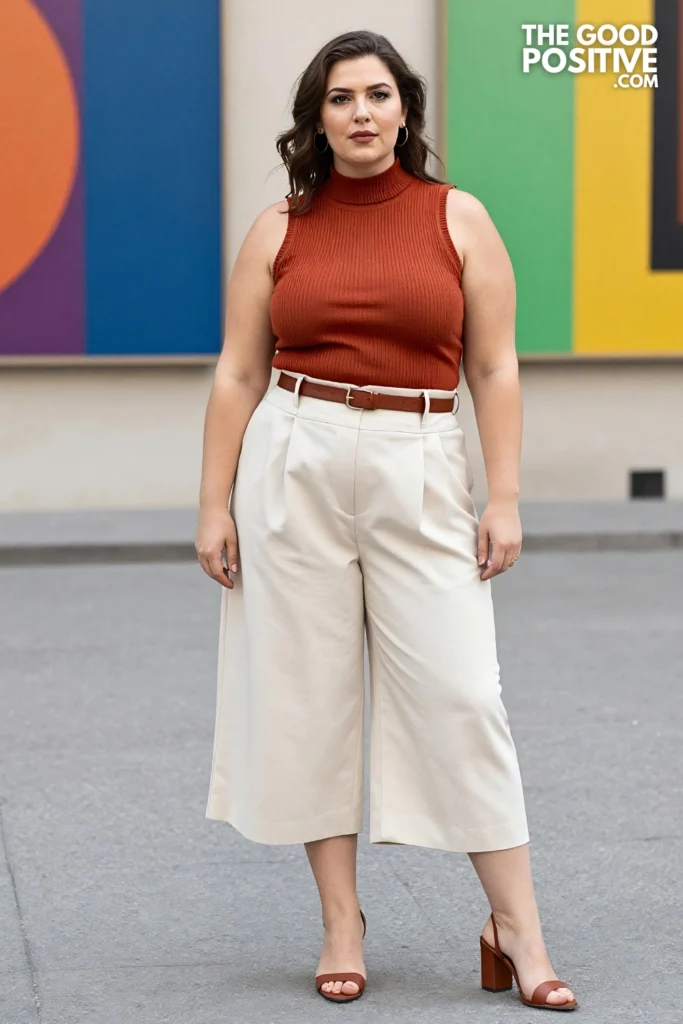 Plus Size Paperbag Waist Culottes & Sleeveless Turtleneck Tank Outfit