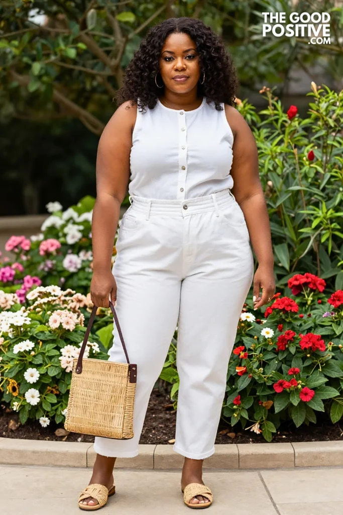 Plus Size Paperbag Waist Jeans With Sleeveless Button-Down Top Outfit