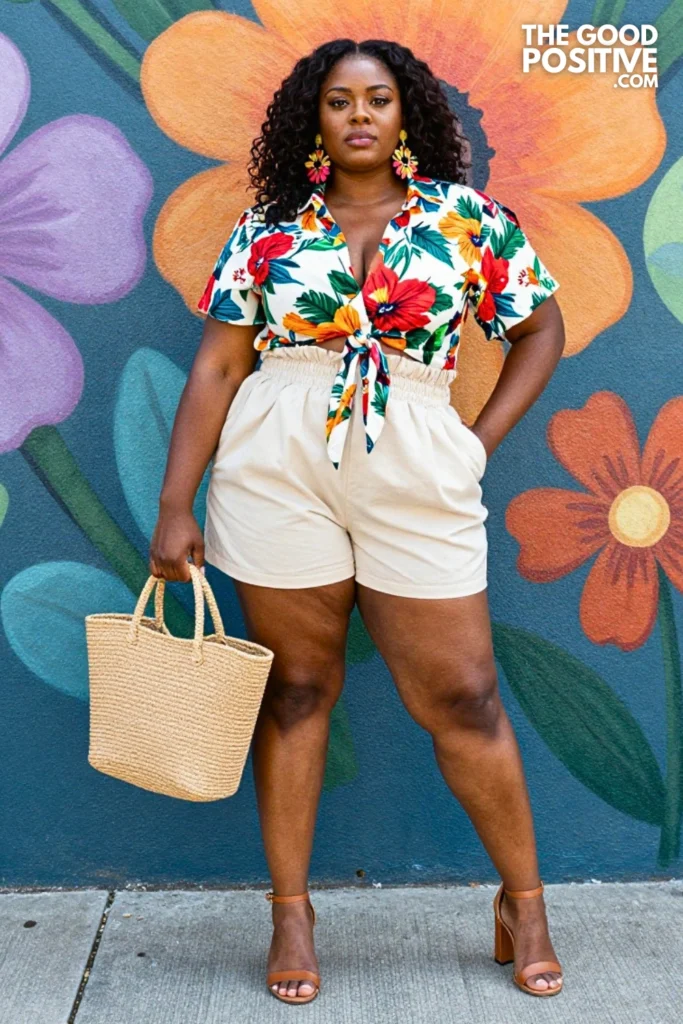 Plus Size Paperbag Waist Shorts With Floral Printed Wrap Blouse Outfit