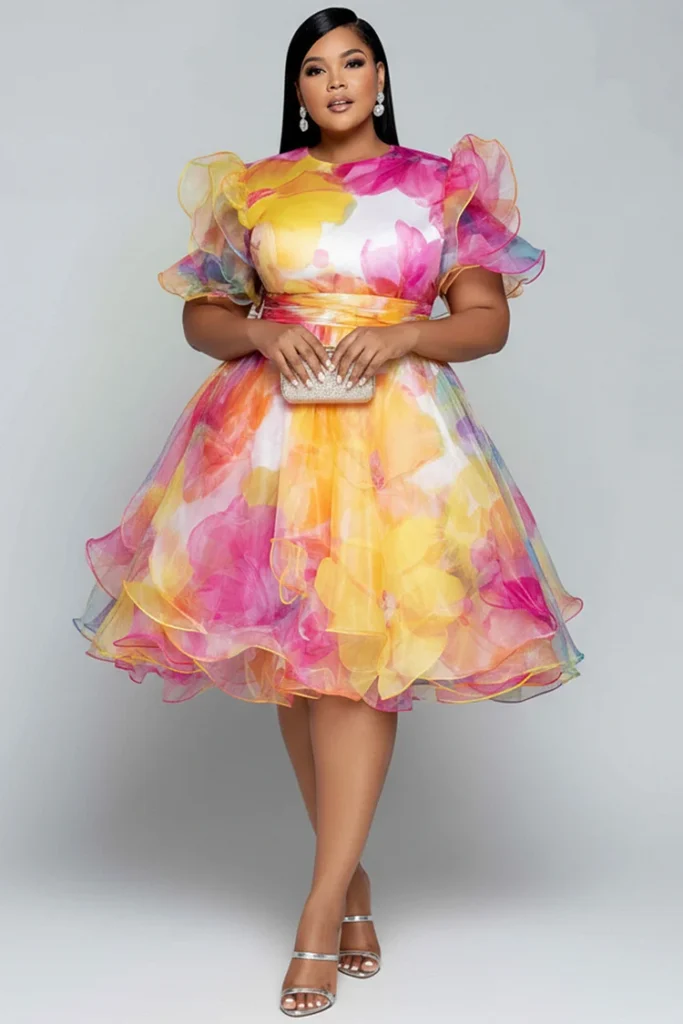 Plus Size Party Multicolor Floral Round Neck Short Sleeve Ruffle See Through Chiffon Mini Dress