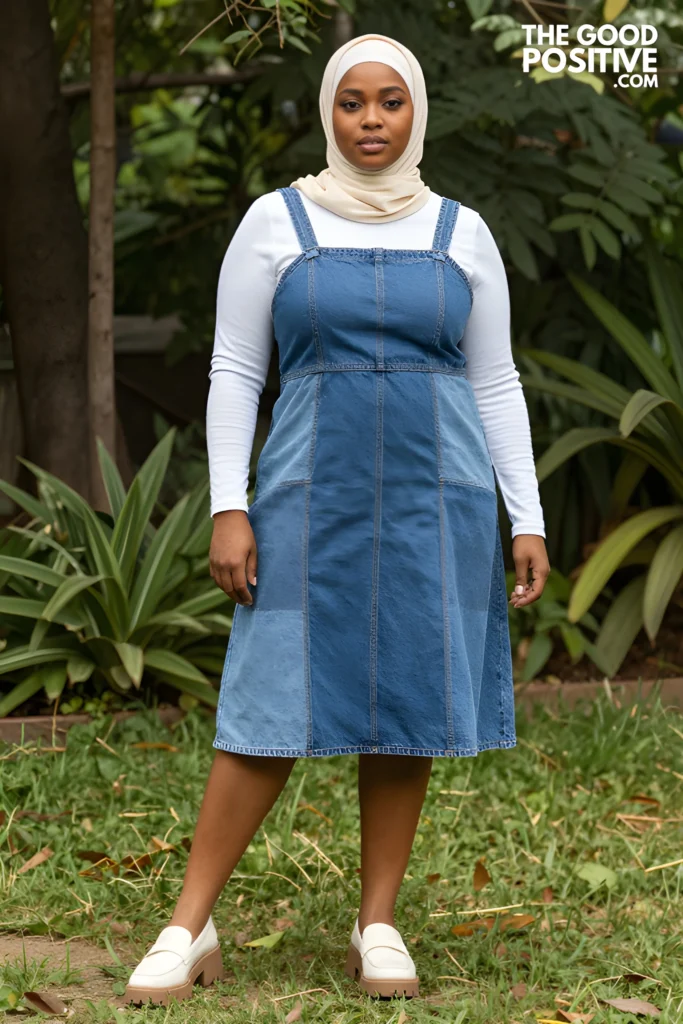 Plus Size Patchwork Denim Modest Midi Dress Outfit