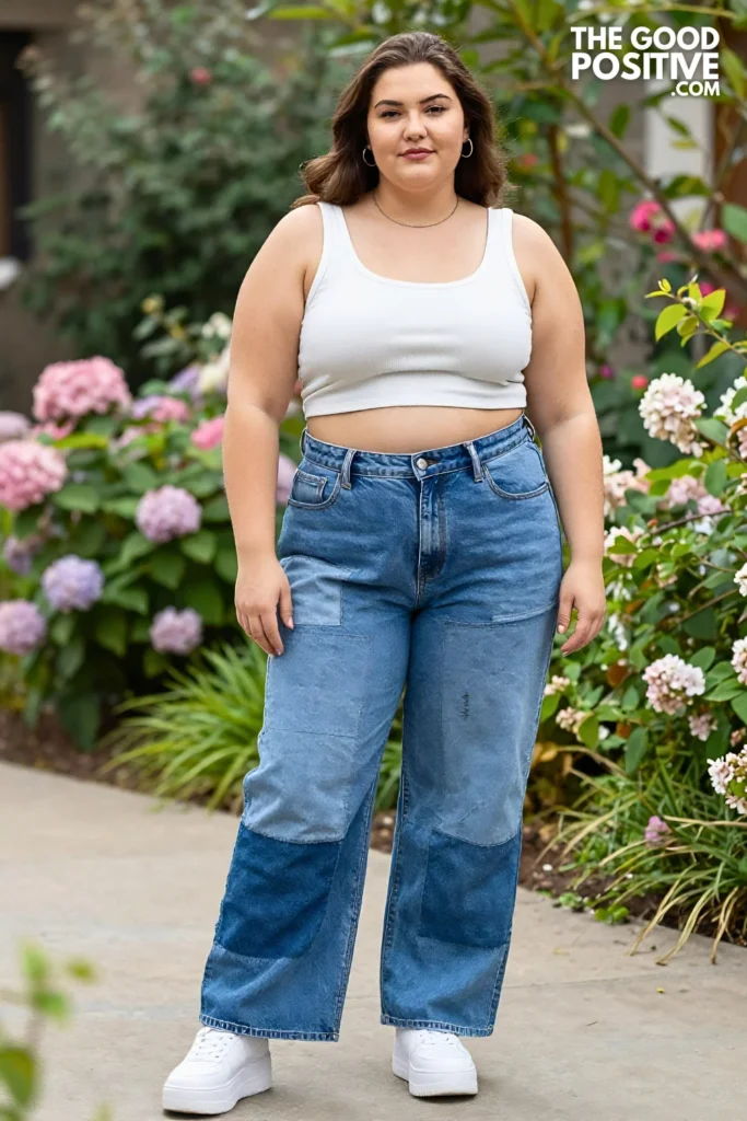 Plus Size Patchwork Jeans With Ribbed Crop Tank and Chunky Sneakers Outfit