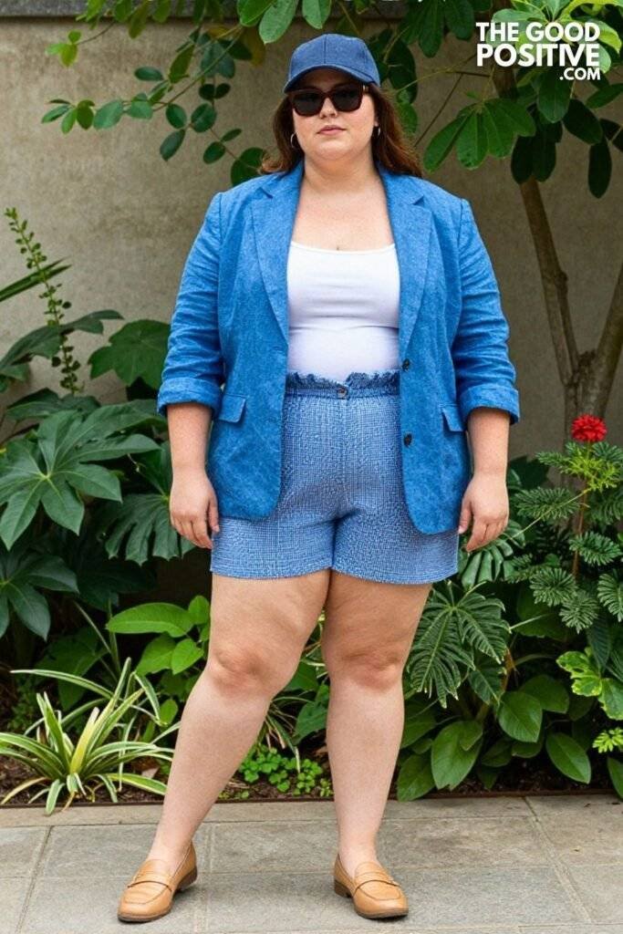 Plus Size Patterned Linen Shorts and Cropped Linen Blazer Outfit