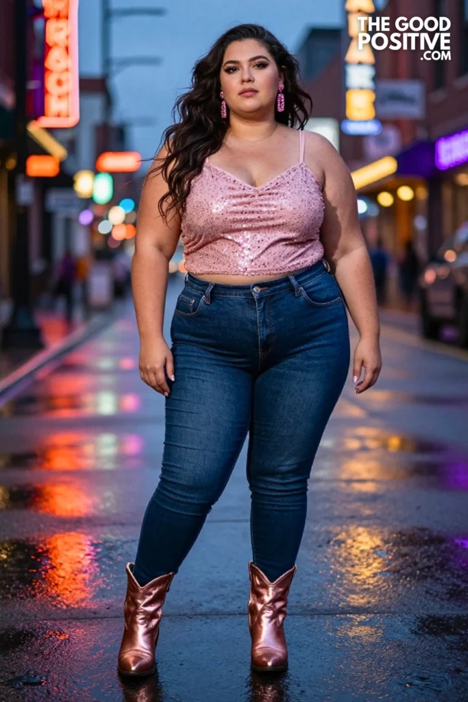 Plus Size Pink Sequin Bandana-Neck Tank & Fitted Bootcut Jean Outfit