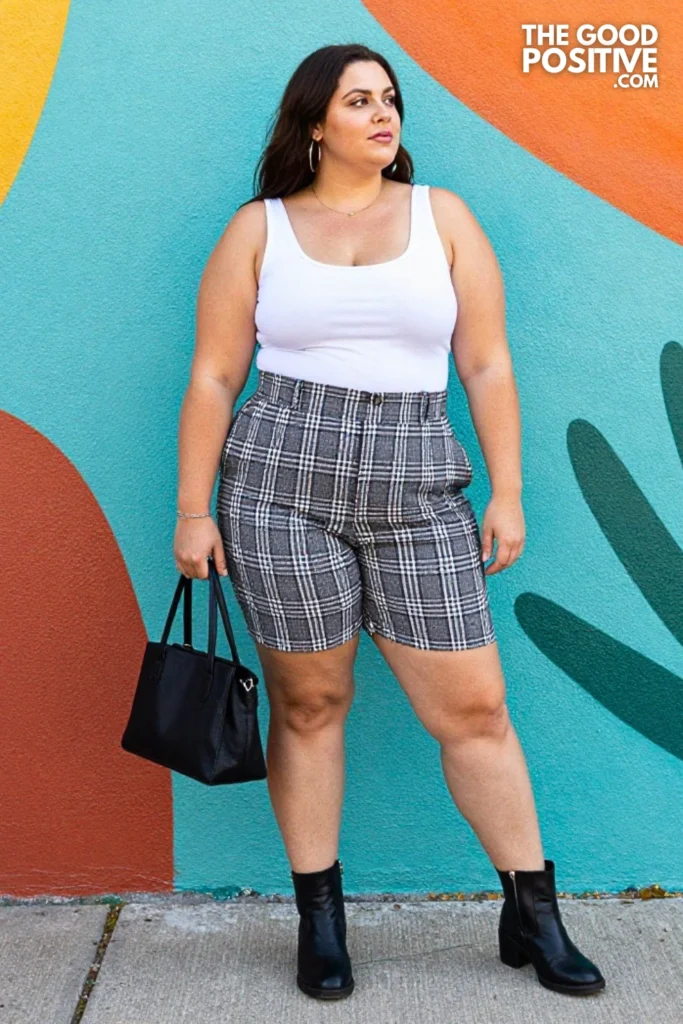 Plus Size Plaid Bermuda Shorts With White Fitted Scoop Tank and Ankle Boots Outfit