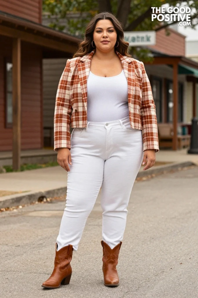 Plus Size Plaid Crop Blazer, Bodysuit & Straight-Leg White Jean Outfit
