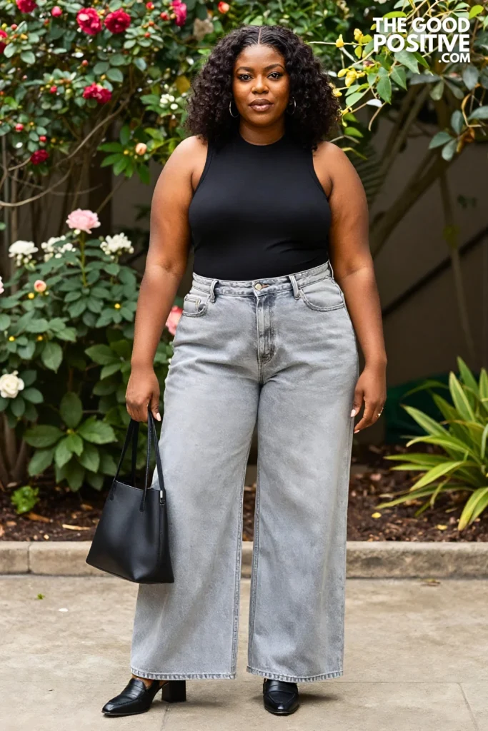 Plus Size Pleated Front Jeans With Sleeveless Mock Neck Top Outfit