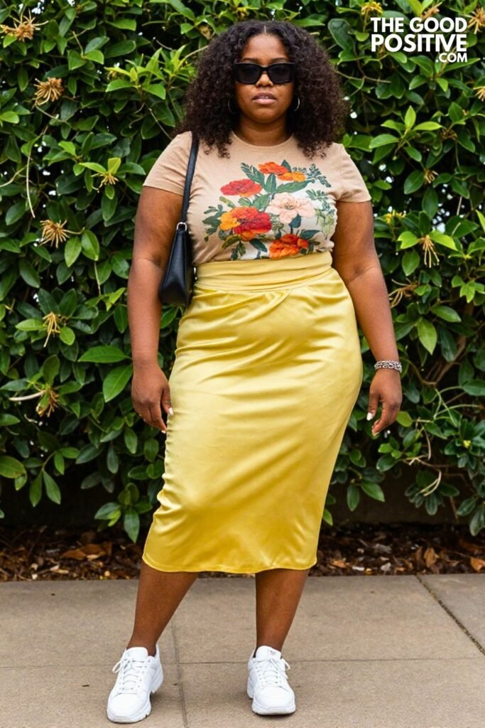 Plus Size Plisse Pleated Midi Skirt & Fitted Graphic Tee Trendy Street-Style Mom Outfit