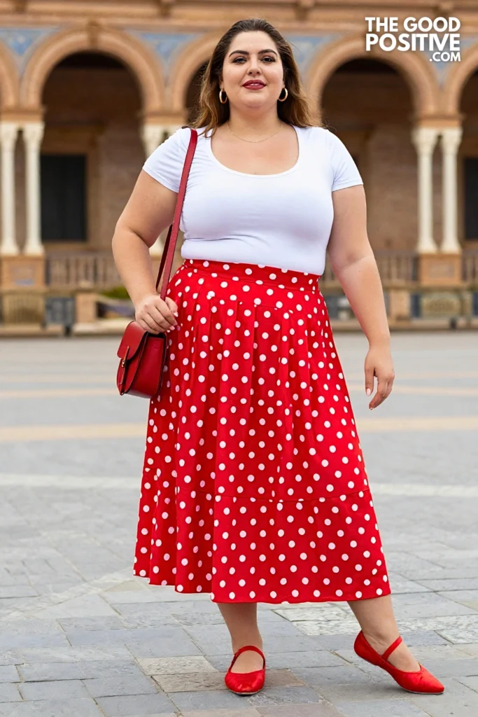 Plus Size Polka Dot Pleated Midi Skirt & Fitted Scoop Neck Tee Outfit