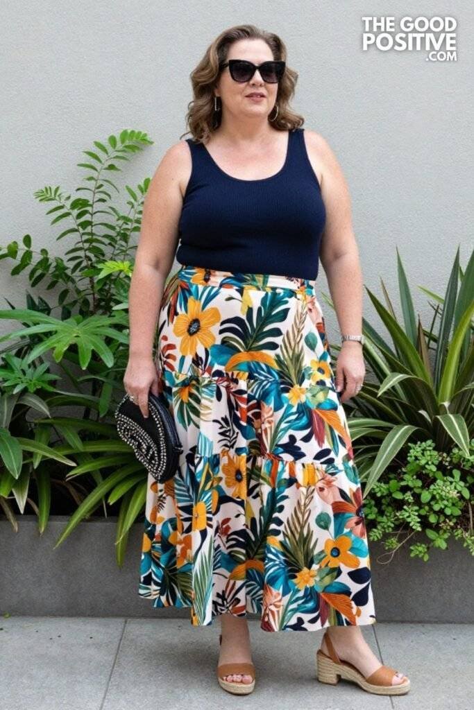 Plus Size Printed Chiffon Tiered Maxi Skirt With Fitted Knit Top Resort Vacation Outfit