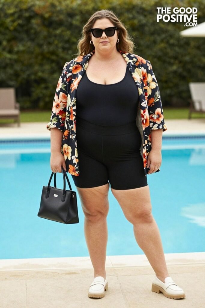 Plus Size Printed Linen Blazer & Biker Shorts Elevated Casual Mom Summer Outfit