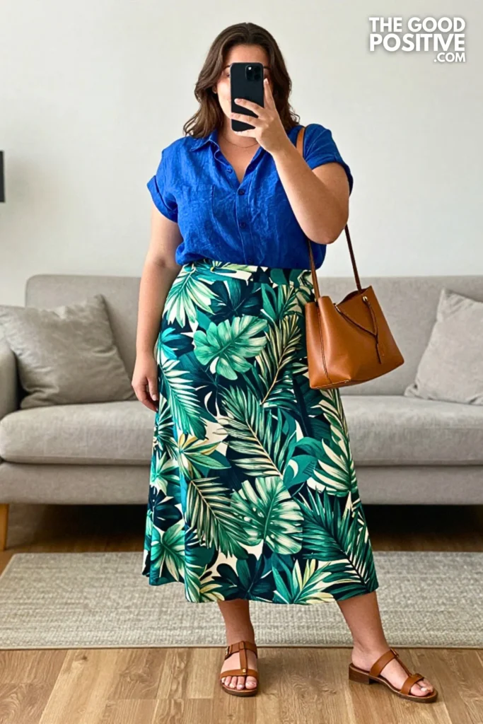 Plus Size Printed Maxi Skirt With Tucked Linen Shirt Outfit