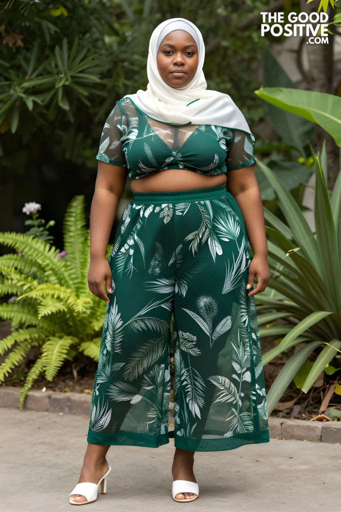 Plus Size Printed Mesh Cover-Up With Matching Trousers Outfit