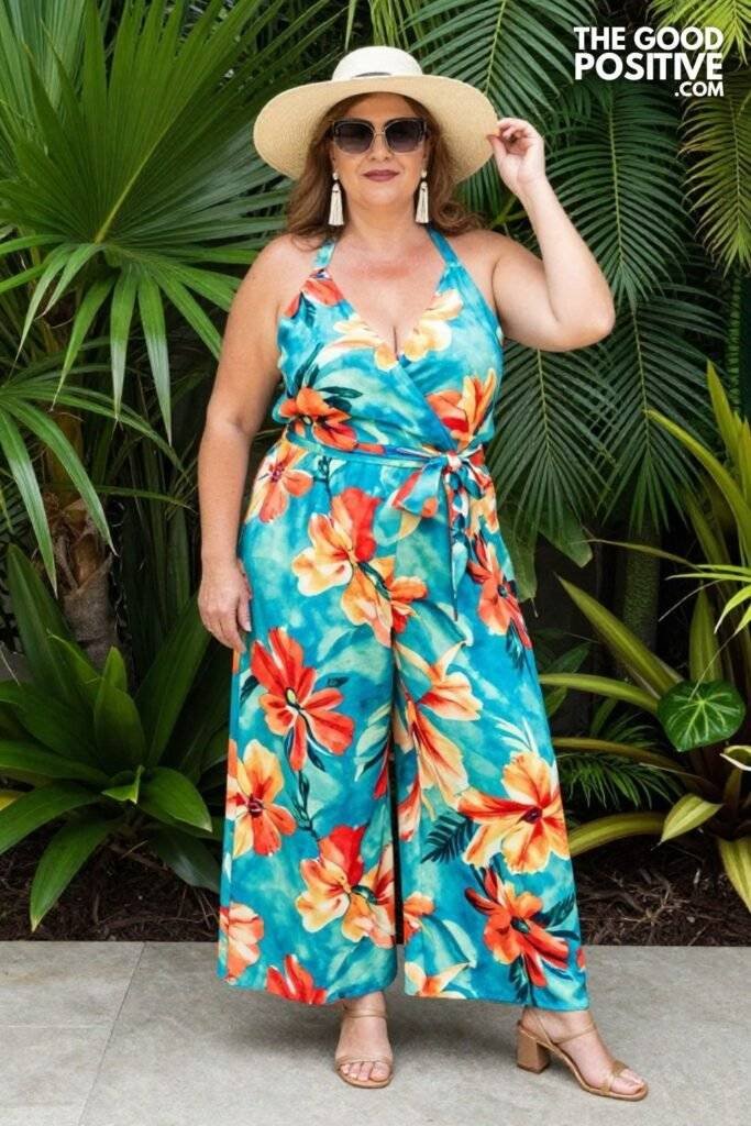 Plus Size Printed Palazzo Jumpsuit With Tassel Earrings Effortless Summer Brunch Outfit