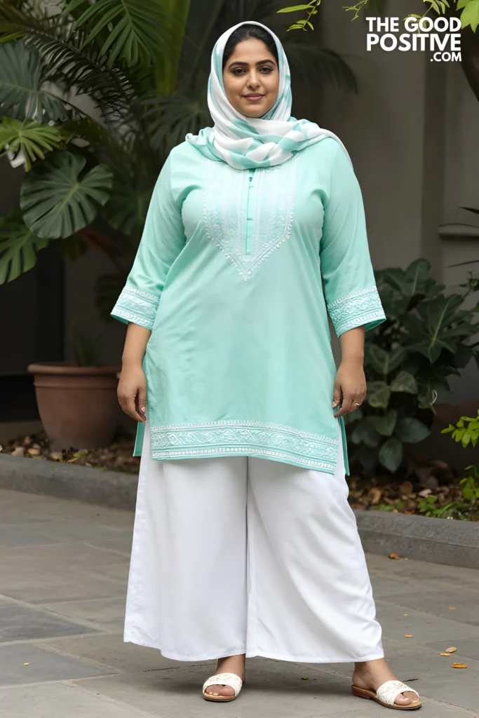 Plus Size Printed Palazzo Pants With Embroidered Kurta Outfit