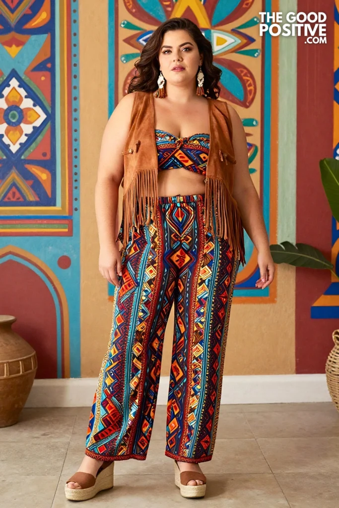 Plus Size Printed Palazzo Pants With Fringed Crop Vest Boho Outfit
