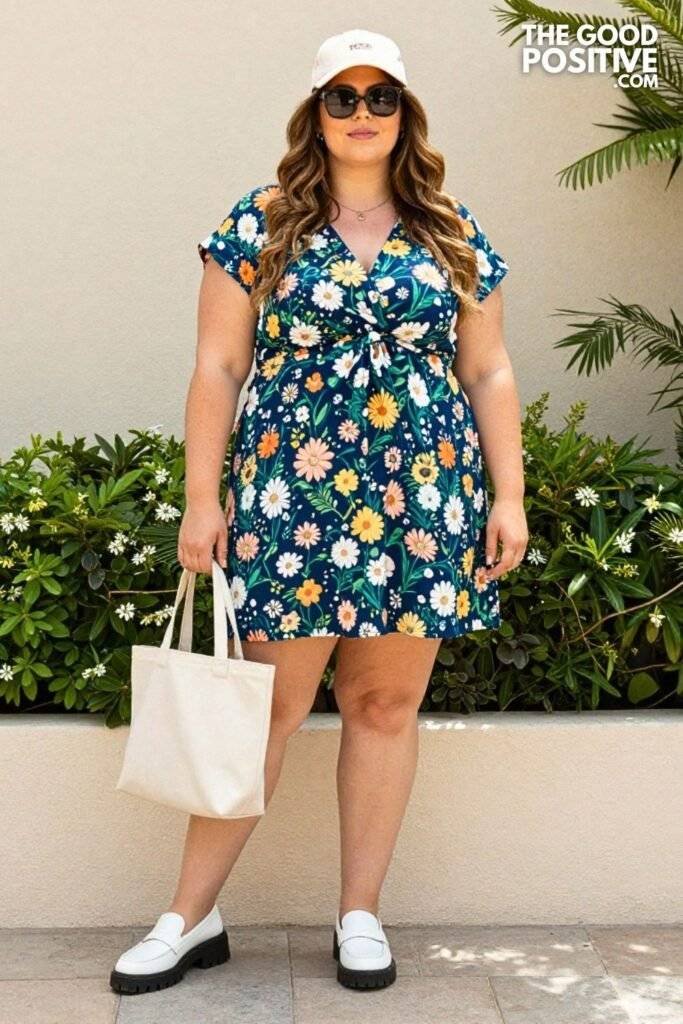 Plus Size Printed Shirt Dress (Relaxed Fit) with Sneakers Outfit