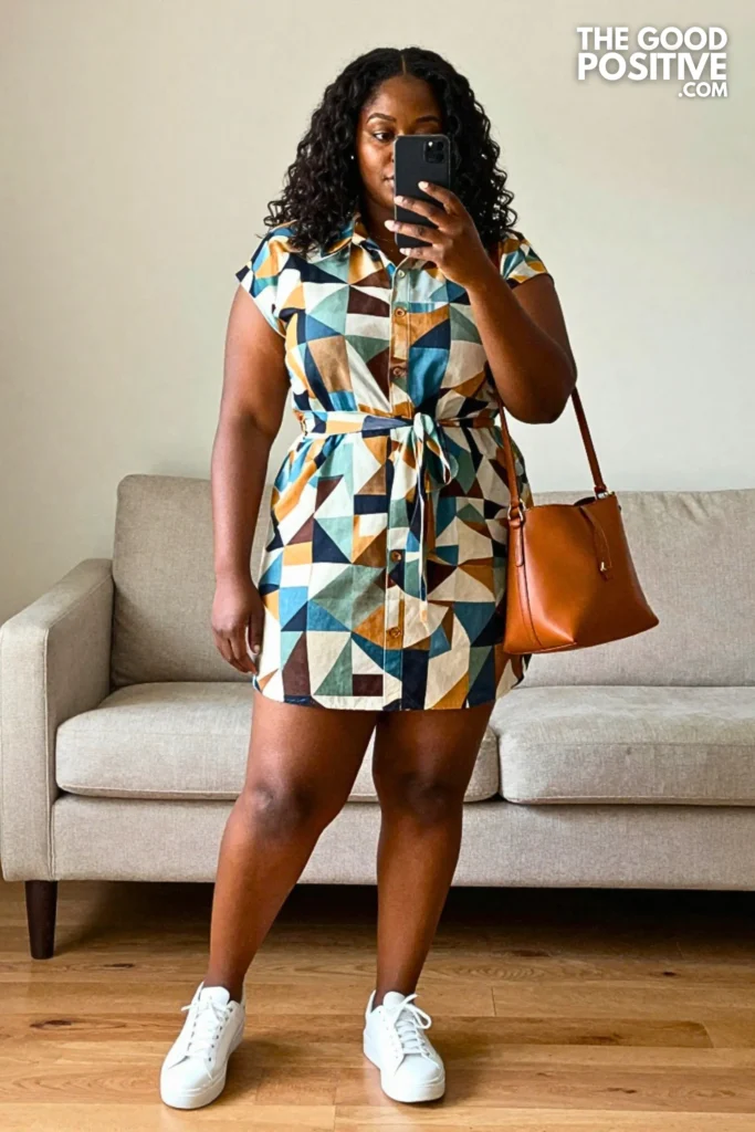 Plus Size Printed Shirt Dress With Tied Waist And Sneakers Outfit