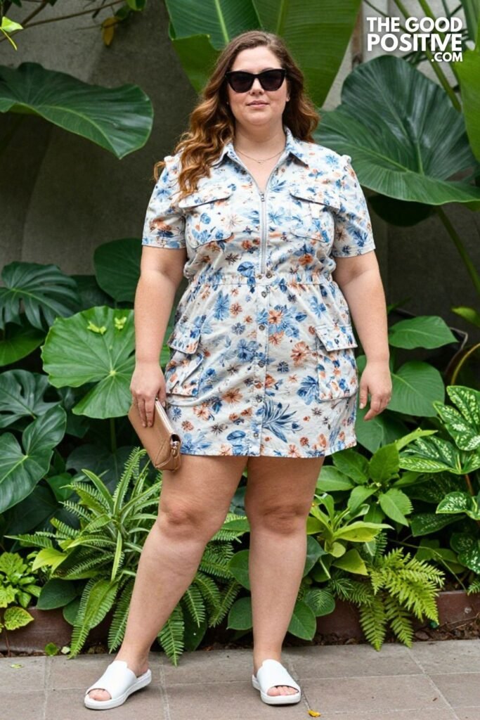 Plus Size Printed Shirt Dress with Cargo Pockets Stay-at-Home Mom Outfit