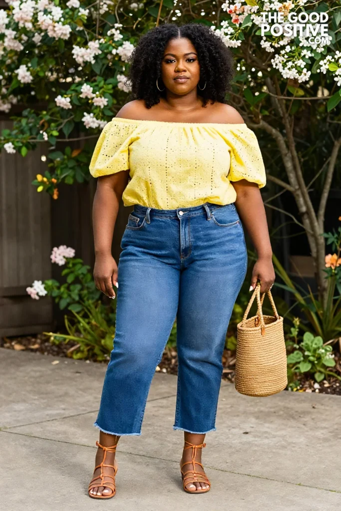 Plus Size Raw Hem Cutoff Straight Jeans With Off-Shoulder Eyelet Top Outfit