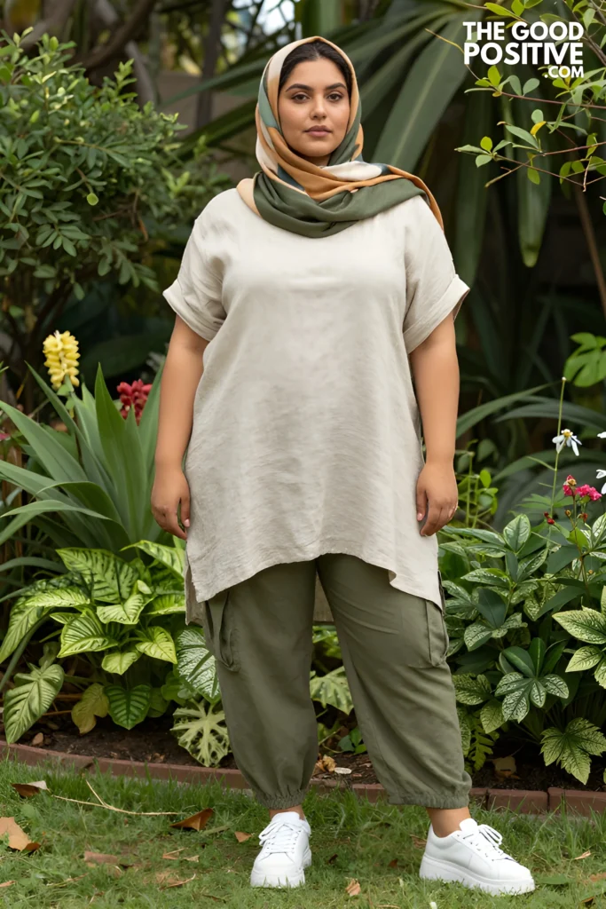 Plus Size Relaxed Cargo Pants With Longline Linen Tunic Outfit
