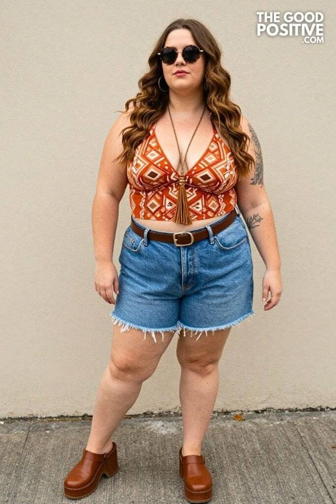 Plus Size Retro Vintage 70s Printed Halter Top & Denim Shorts Outfit