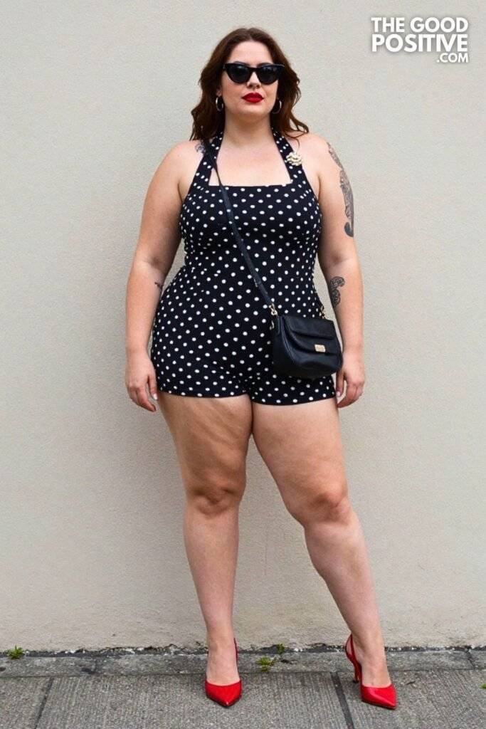 Plus Size Retro Vintage Halter Neck Polka Dot Romper Outfit