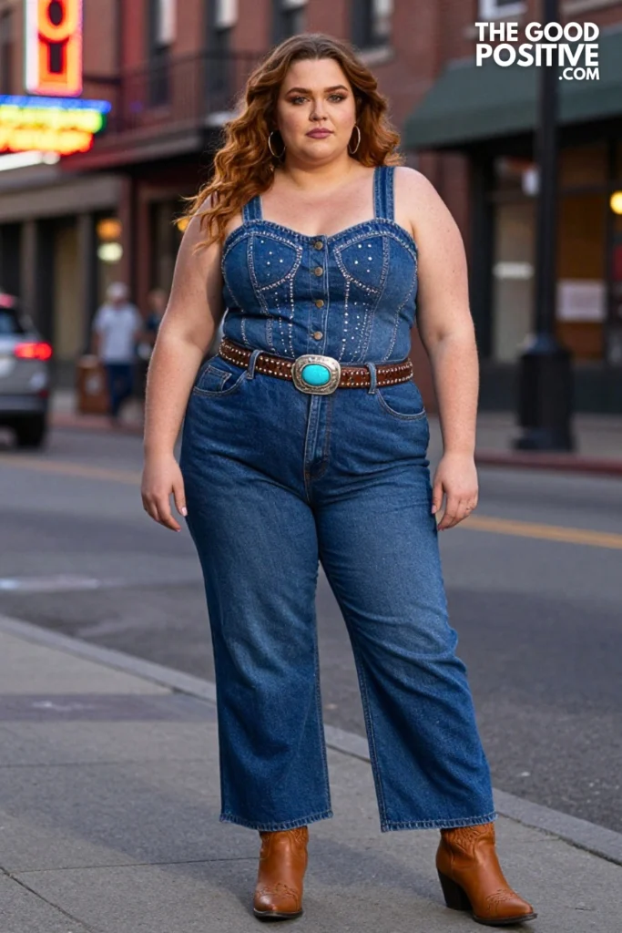 Plus Size Rhinestone Cowgirl Denim Corset & High-Waisted Wide-Leg Jeans Outfit